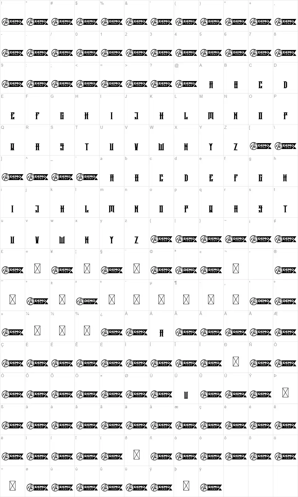 Blackjetfont character map