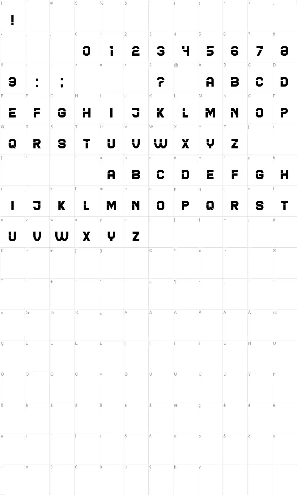 Bladerfont character map