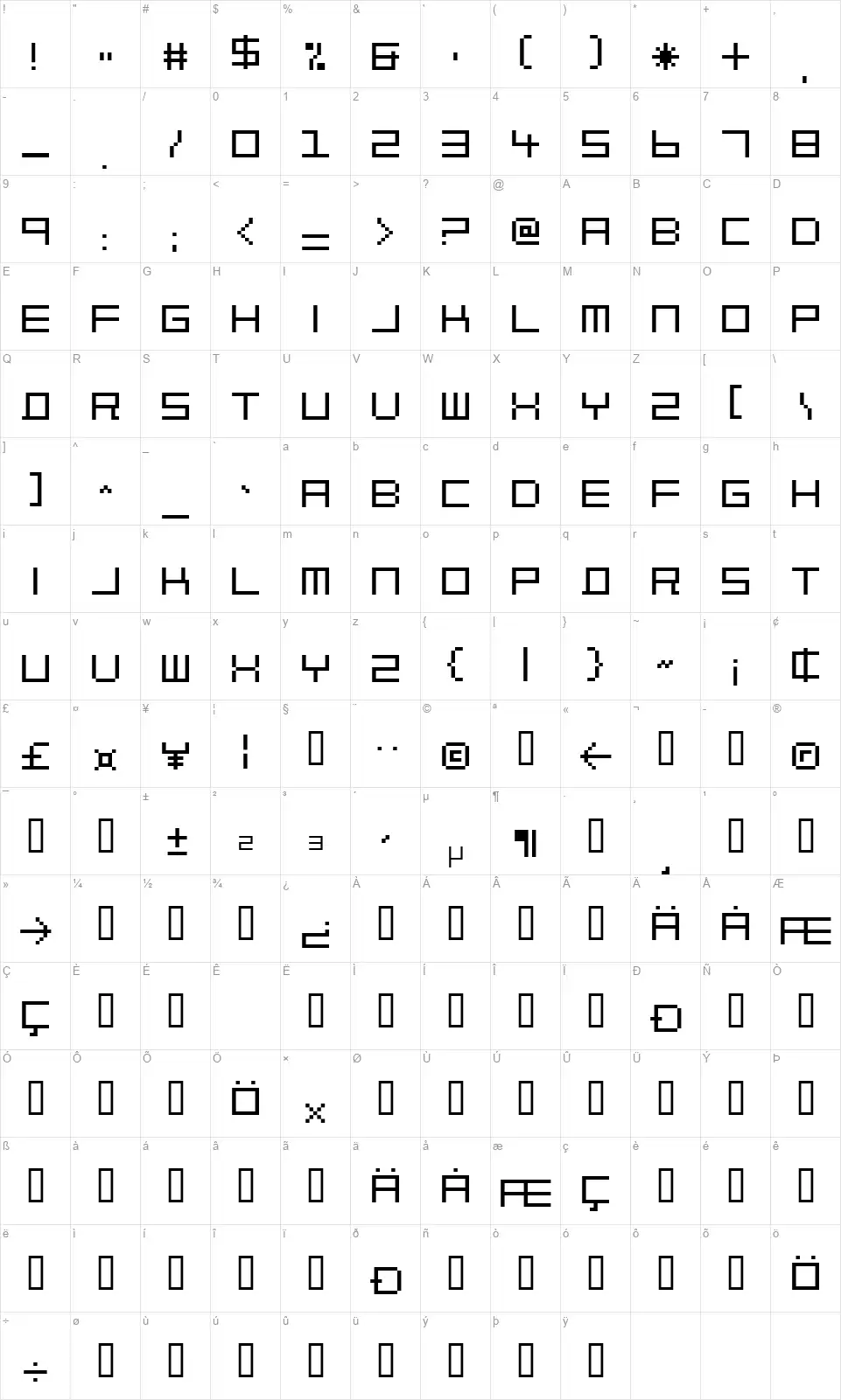 Block Out 2097font character map