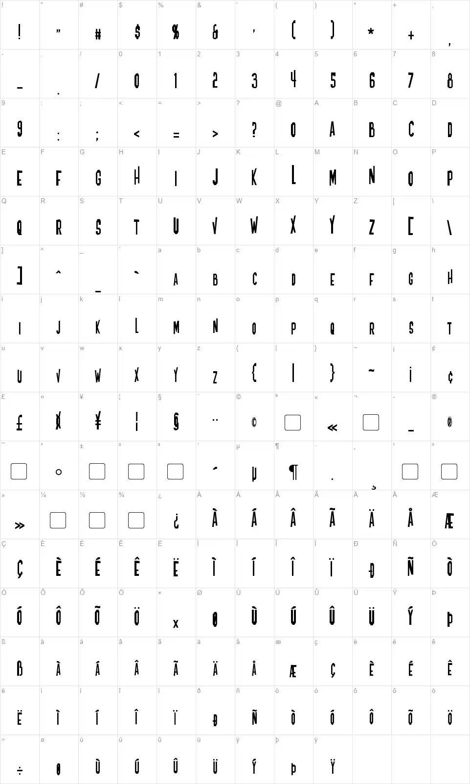 Blofeldfont character map