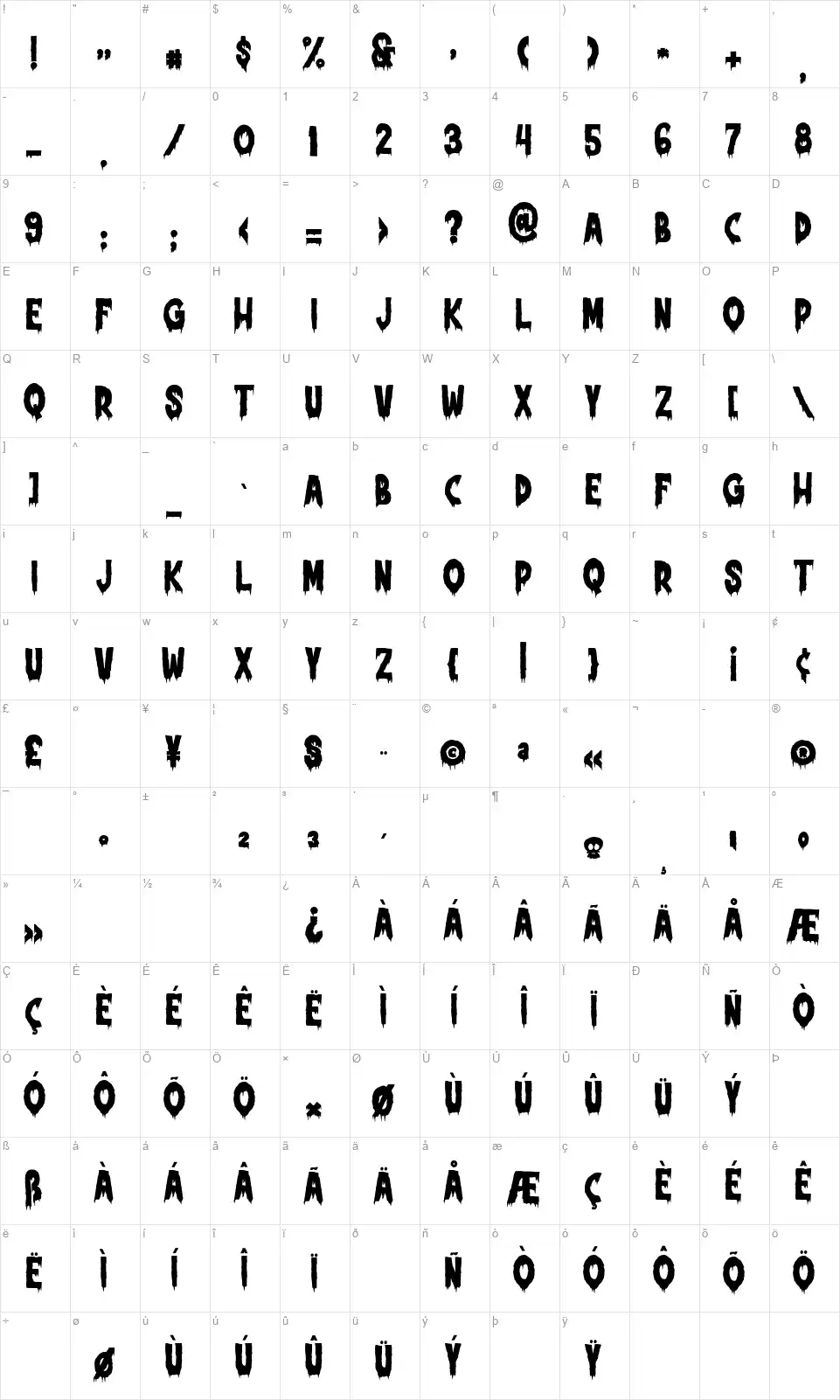 Bloody Frozenfont character map