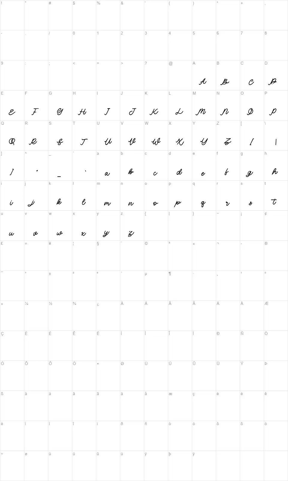 Blufcrowdsfont character map