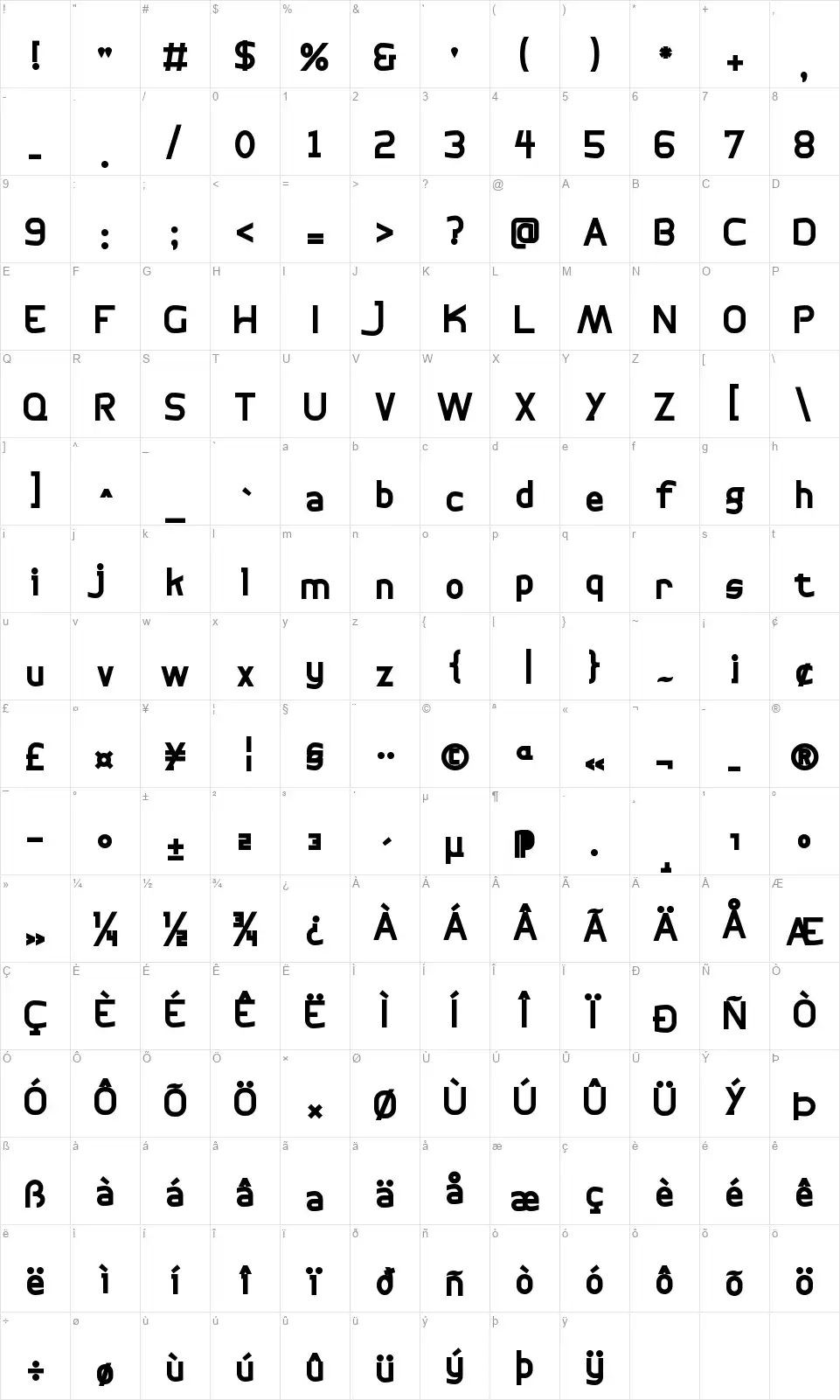 Bogotanafont character map
