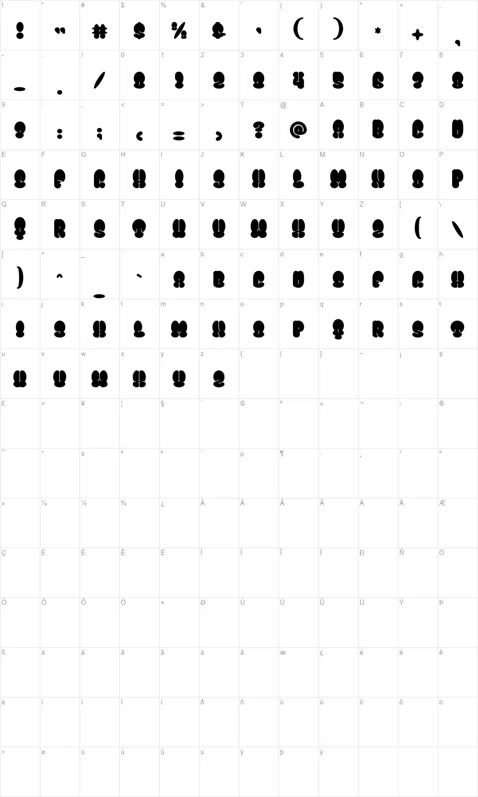 Bomber Throwfont character map