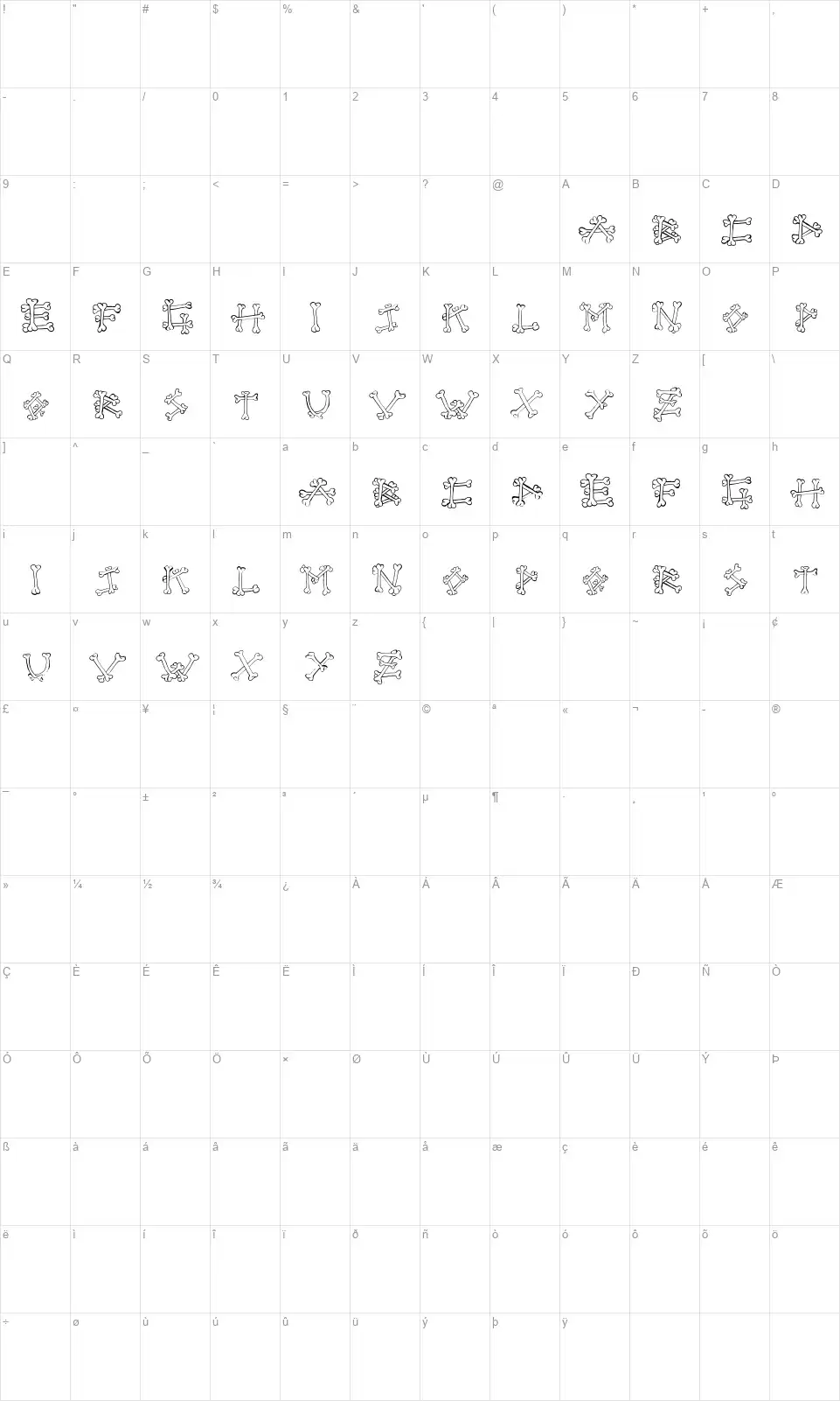Bones 2font character map