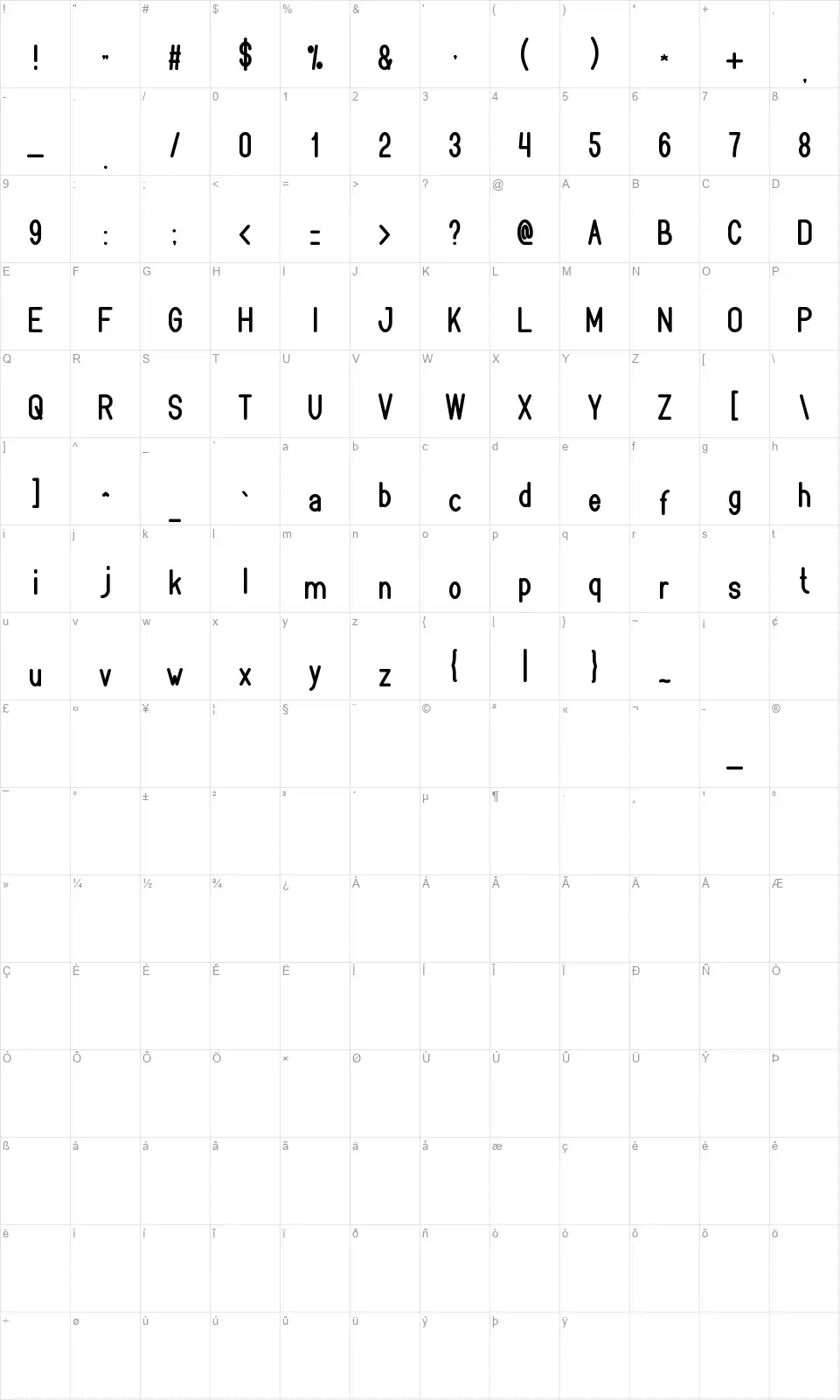 Bookmarkfont character map