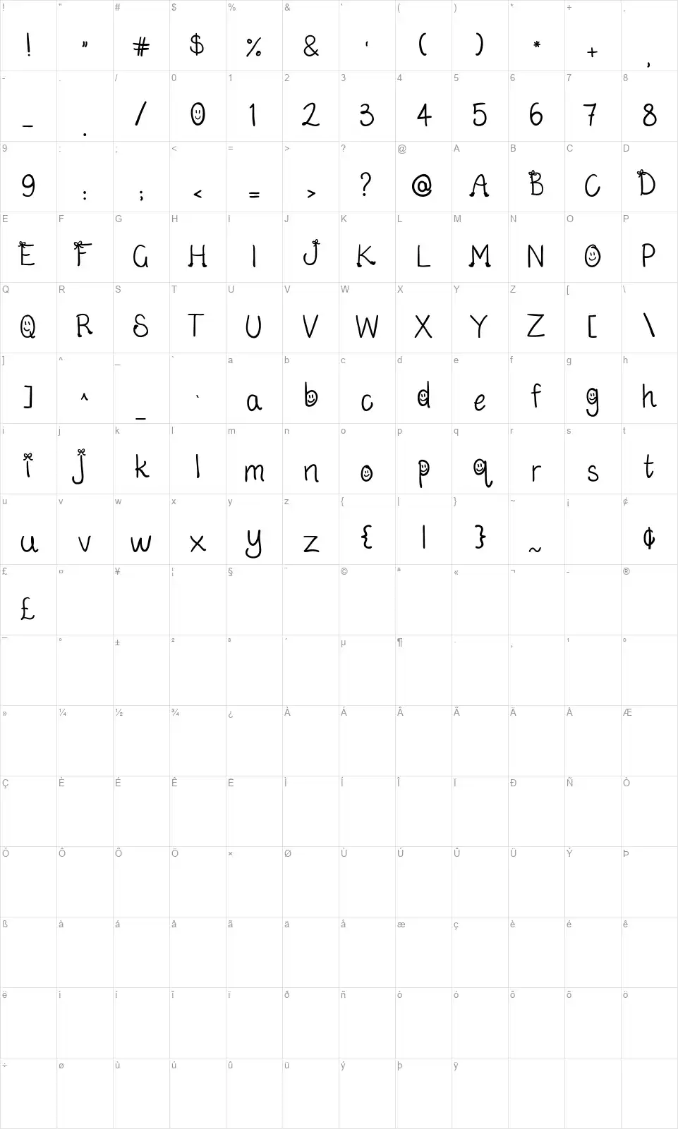 Bows And Bootsfont character map