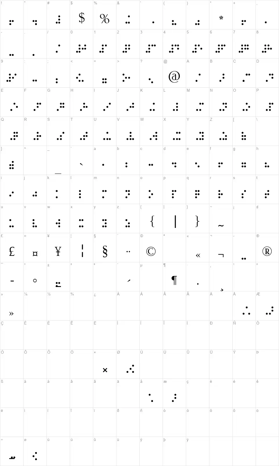 Braille 6dotfont character map