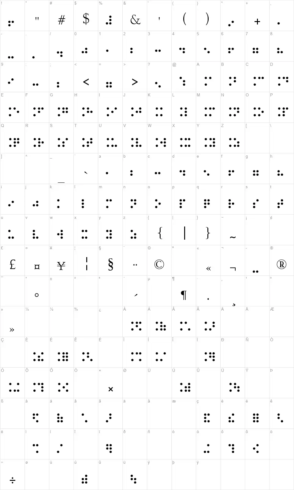 Braille Typefont character map