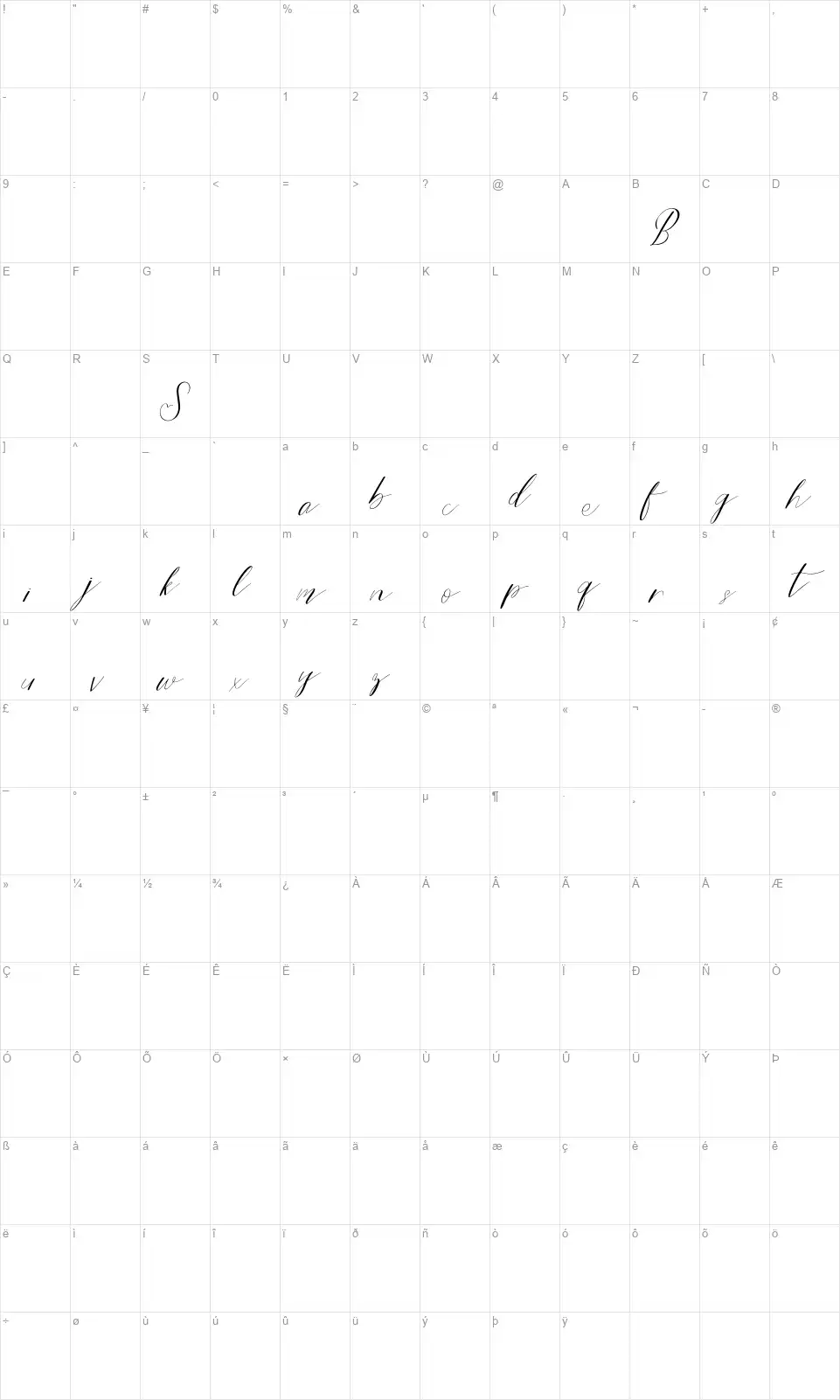 Bride Stylefont character map