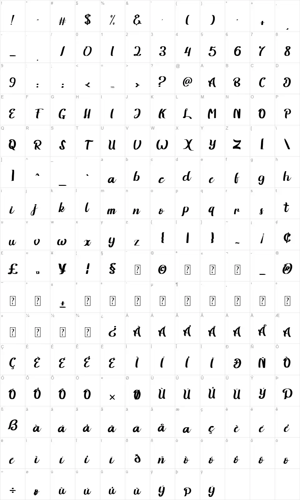 Brifuqafont character map