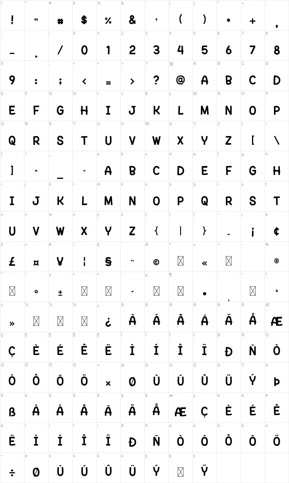 Bright Fridayfont character map