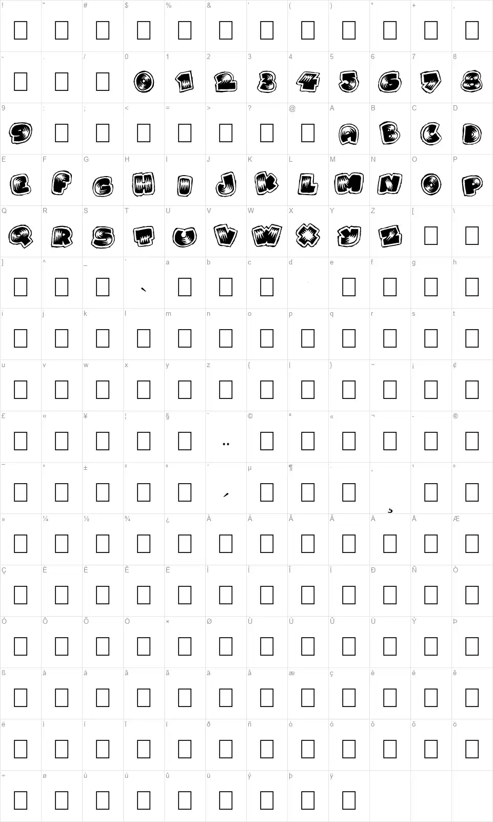 Brightoonfont character map