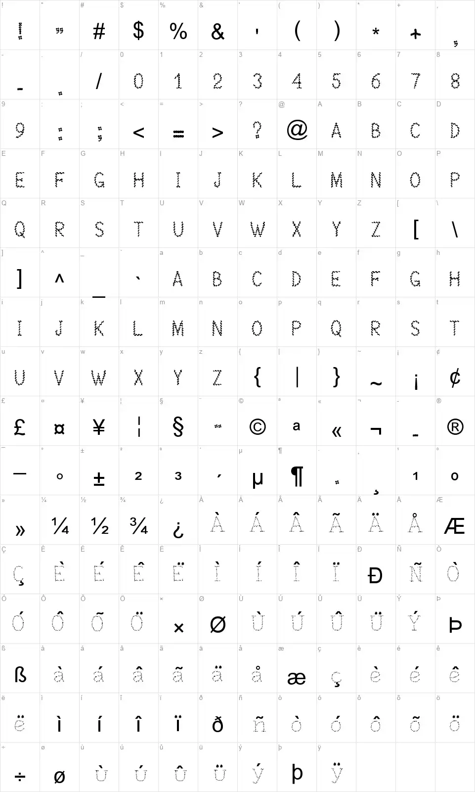 Bymberangiykasfont character map