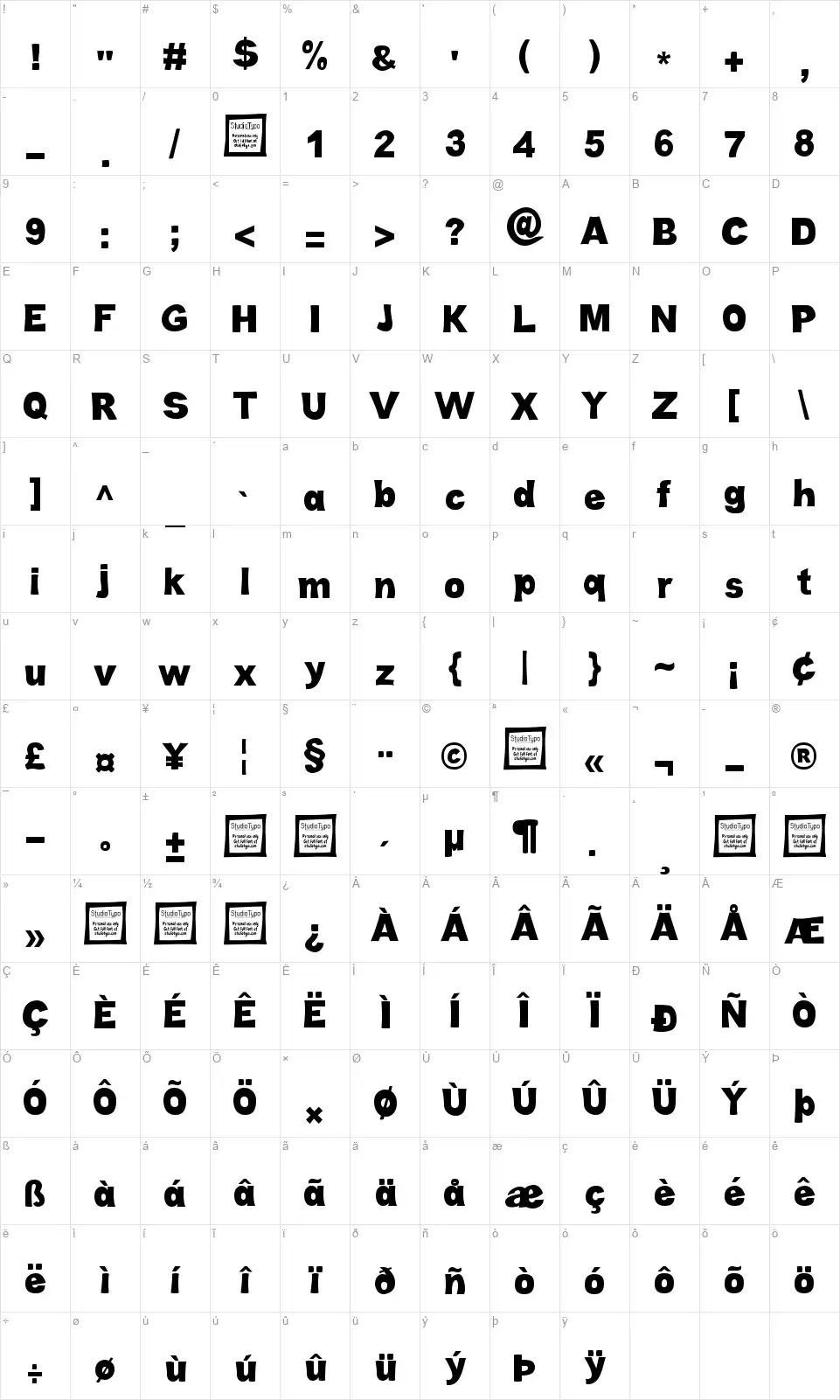 Cabold Comicfont character map
