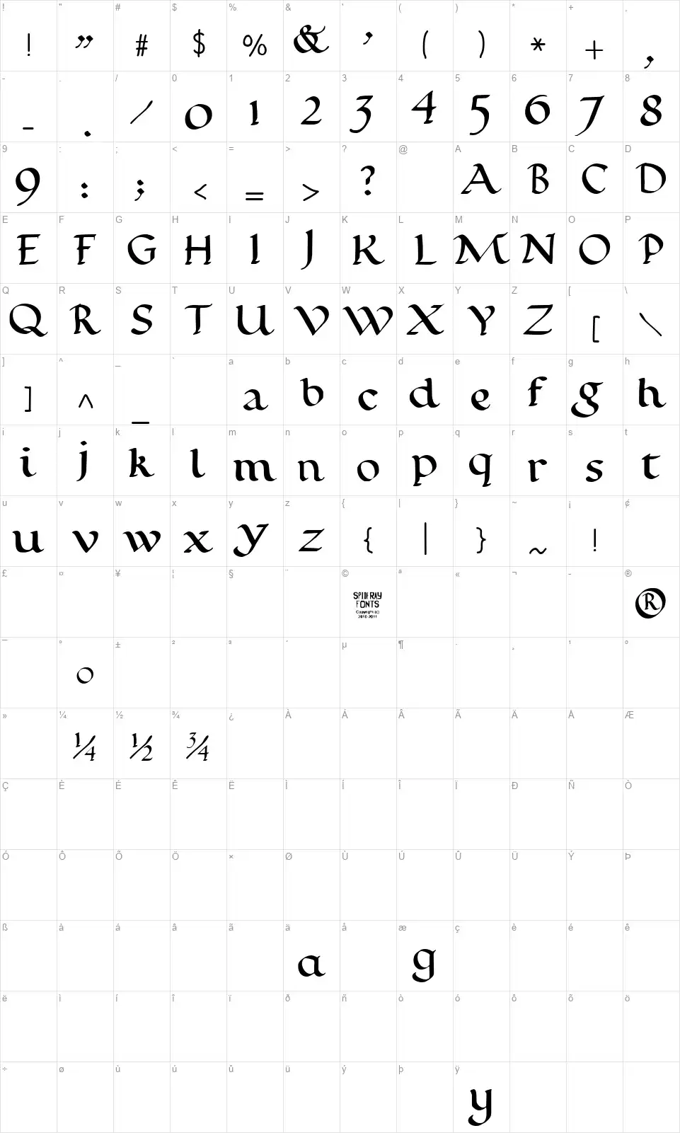 Calligraphy Penfont character map