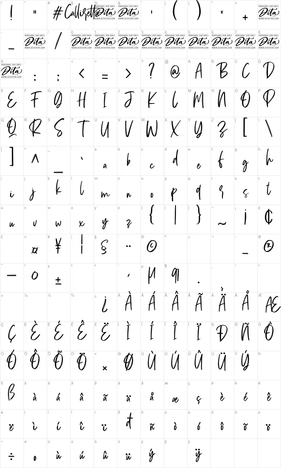 Callirettafont character map