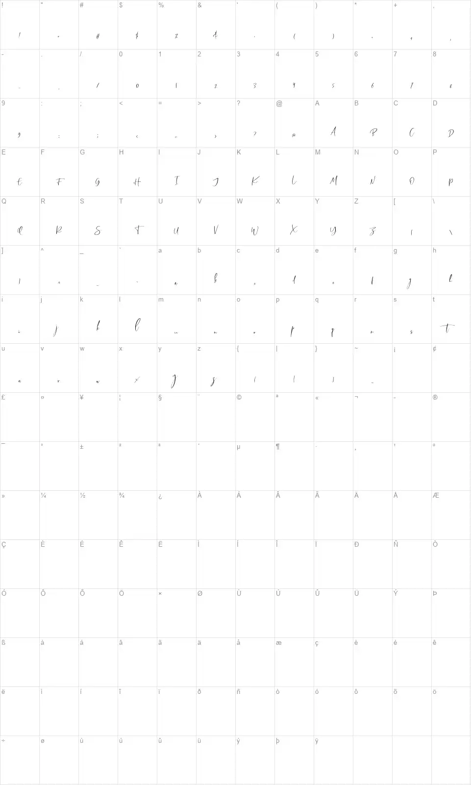 Callistera Scriptfont character map