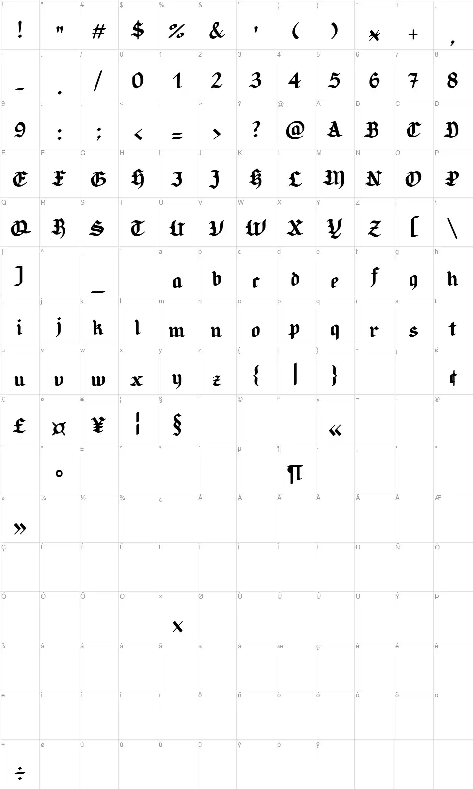 Candlebrightfont character map