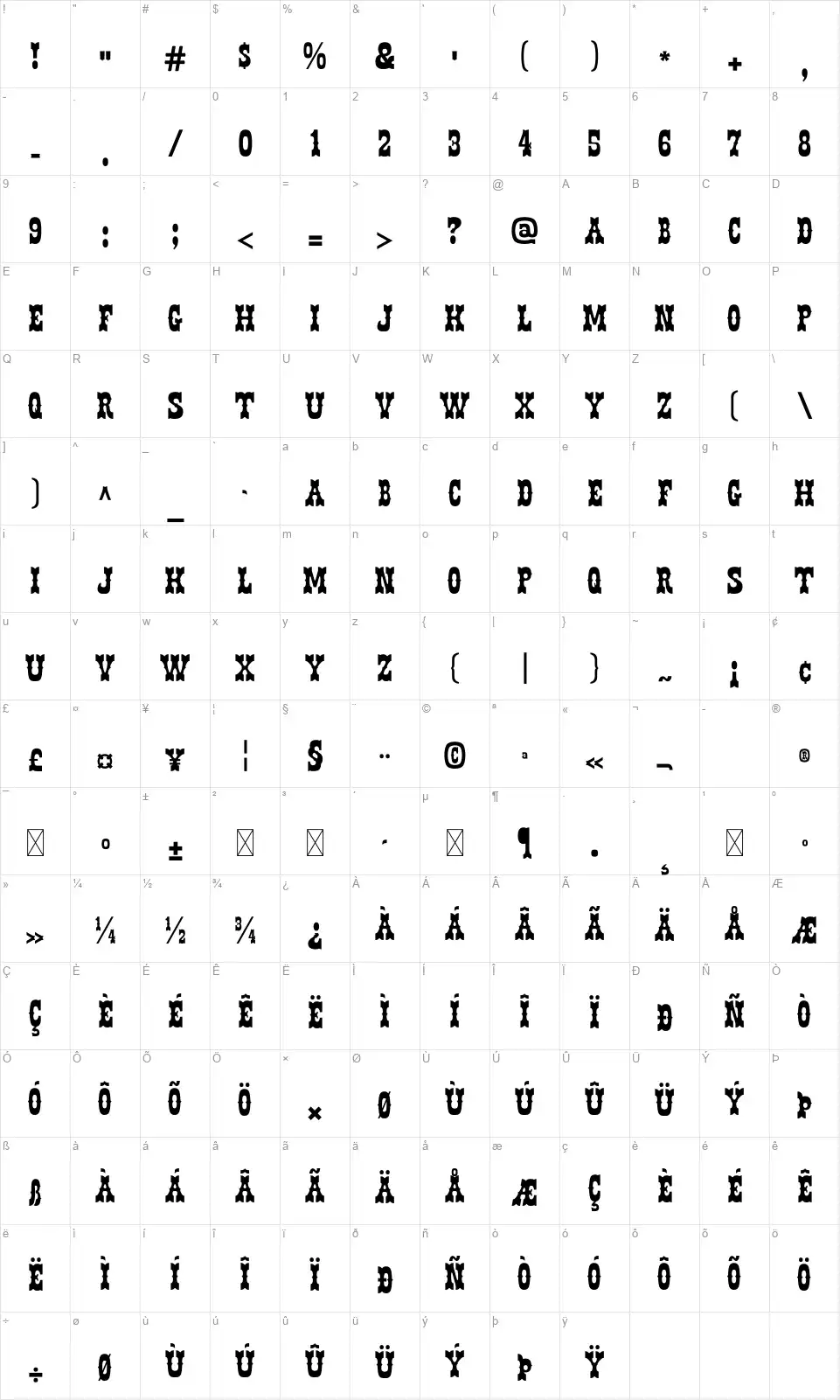 Cantinafont character map