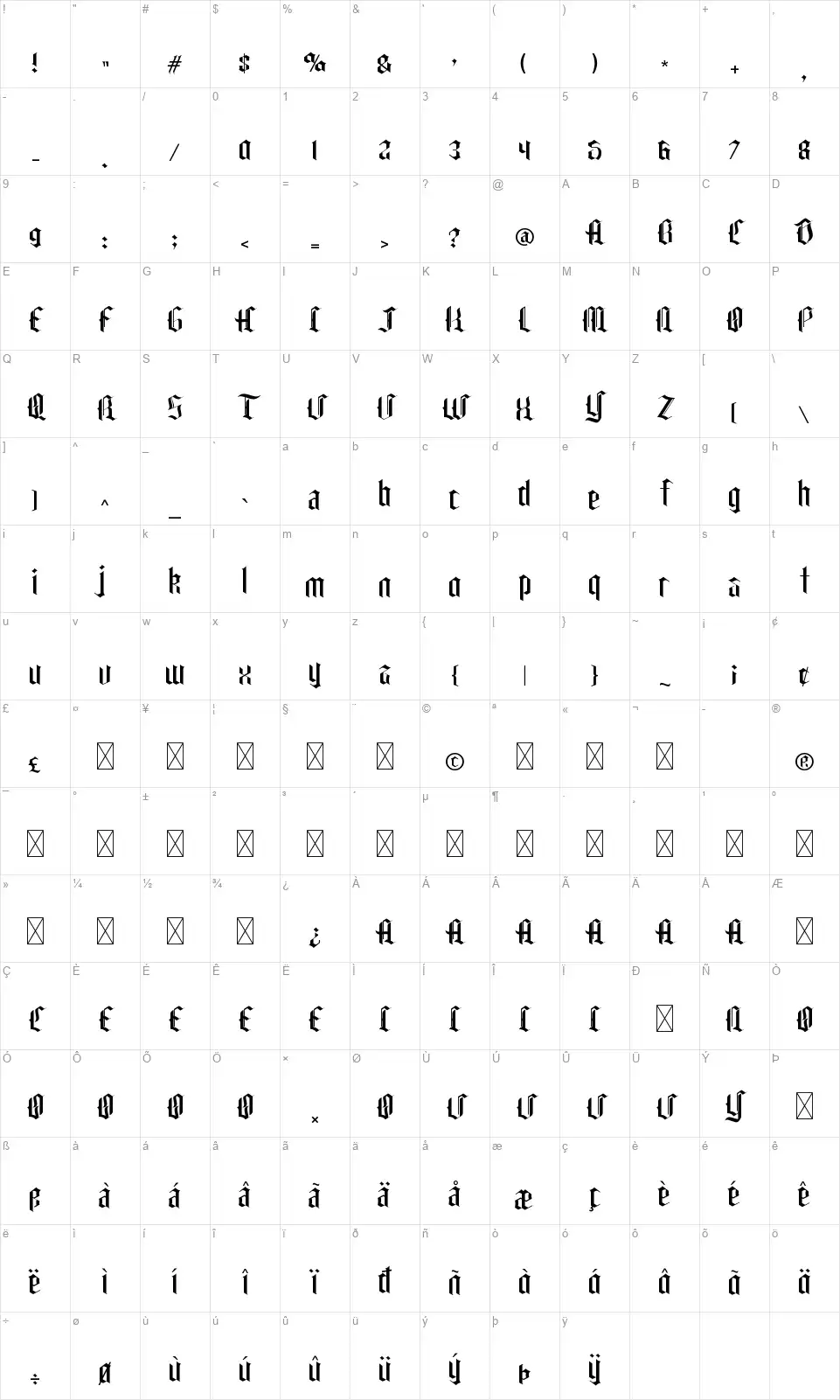 Carglosfont character map