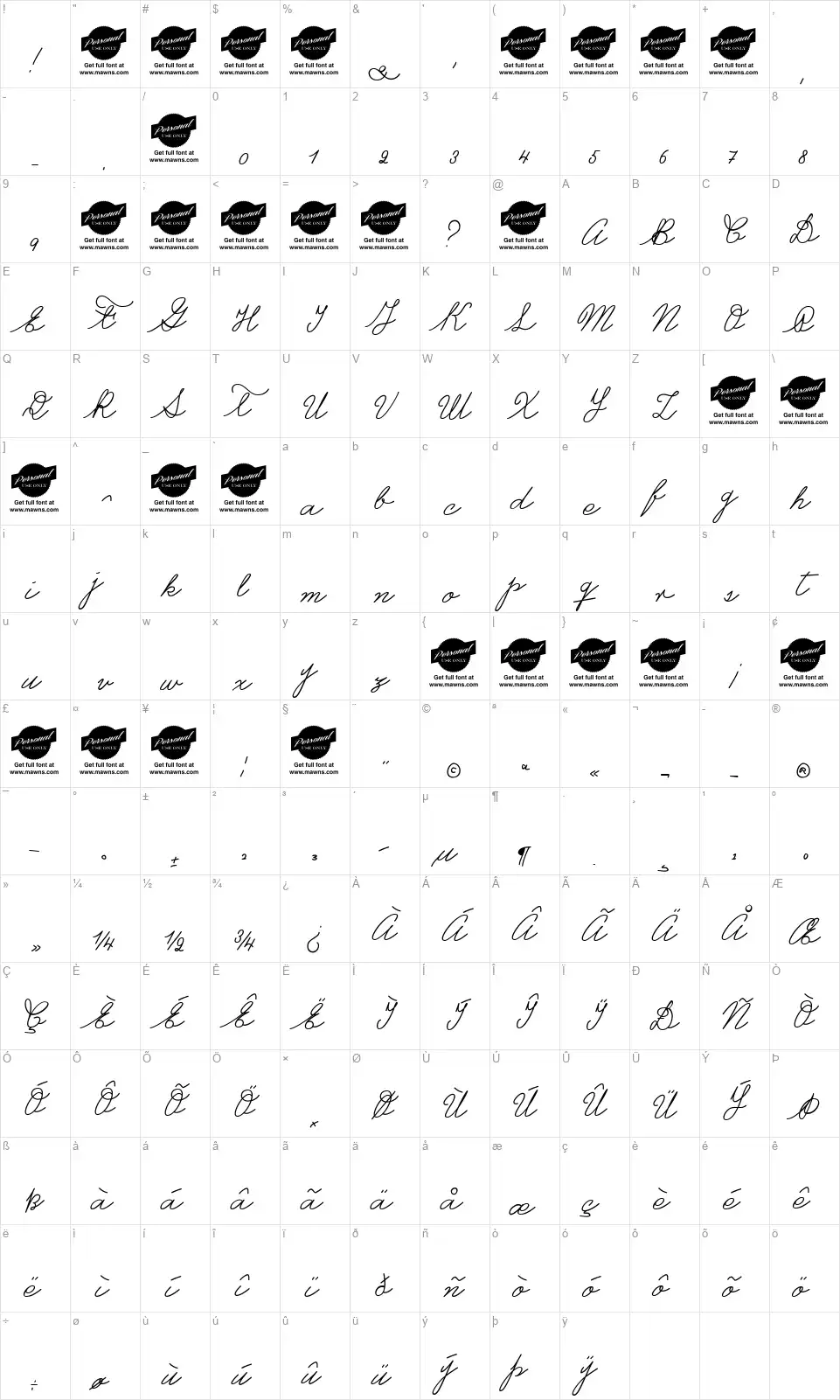 Castro Scriptfont character map