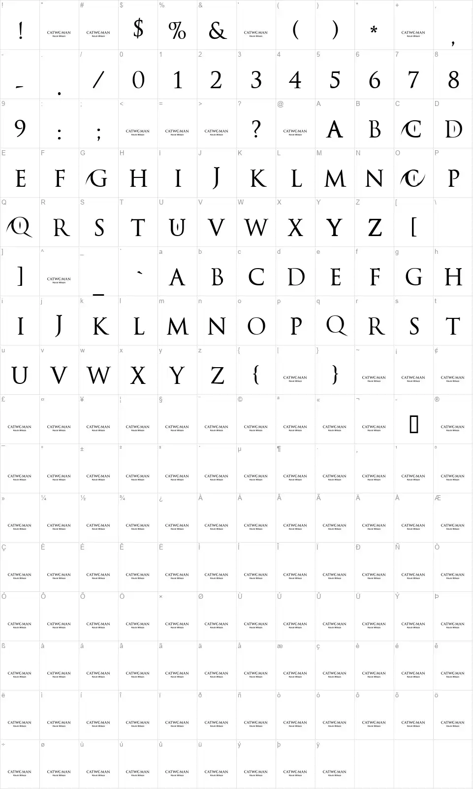 Catwomanfont character map