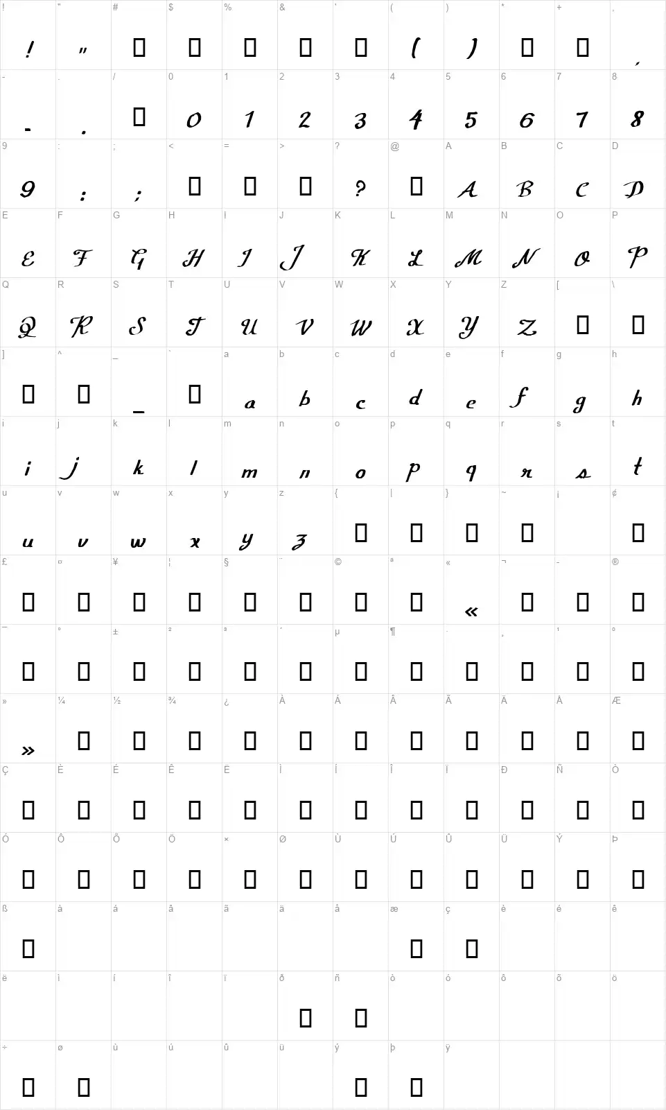 CF Calligraphiafont character map