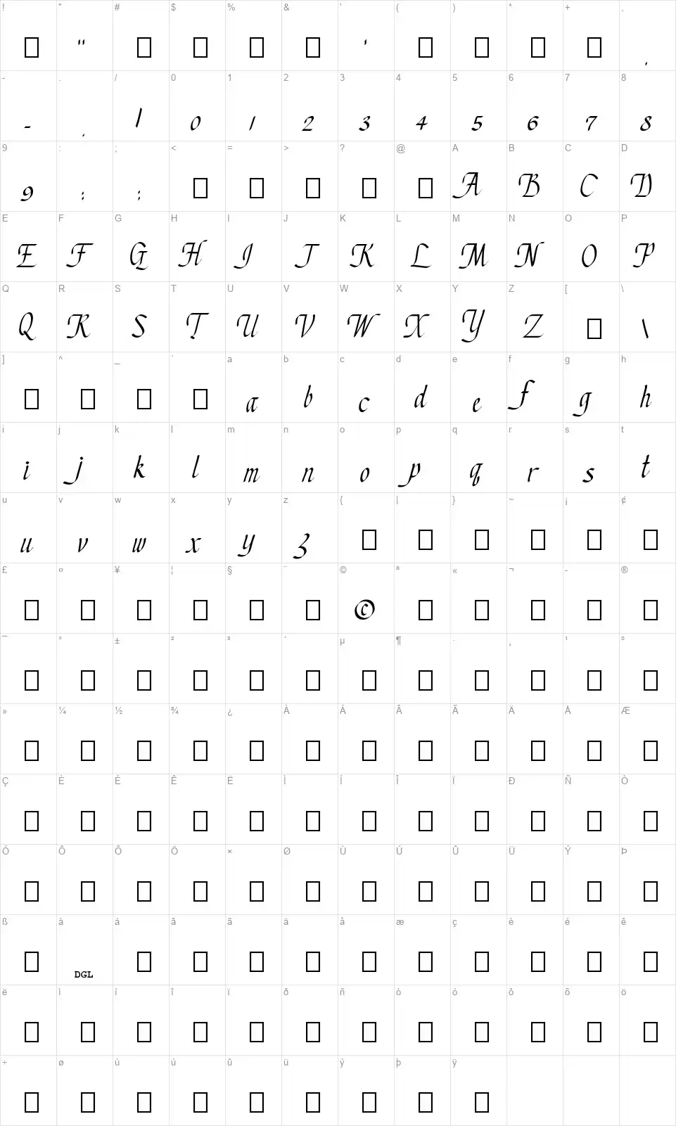 Chancery Cursivefont character map