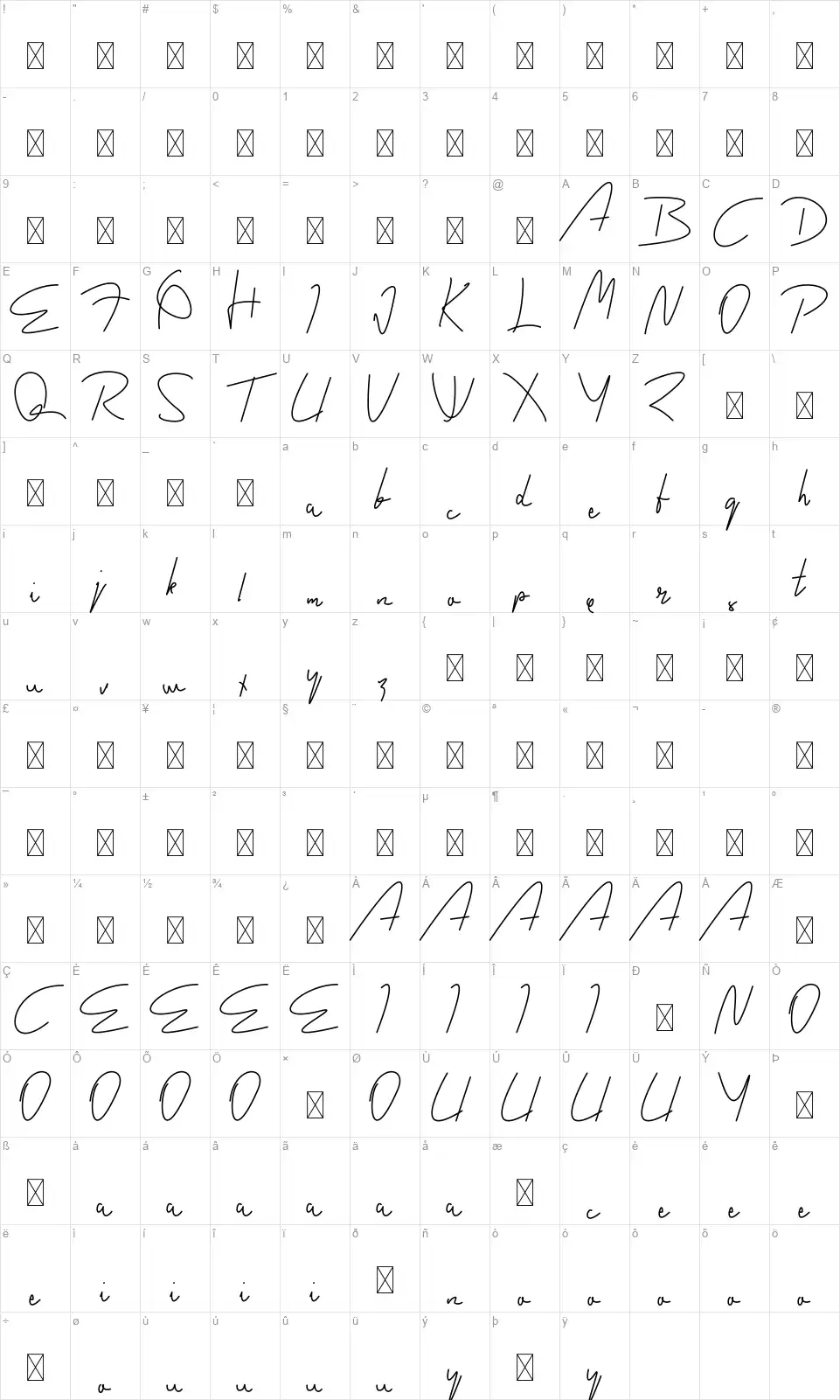 Childish Signaturefont character map