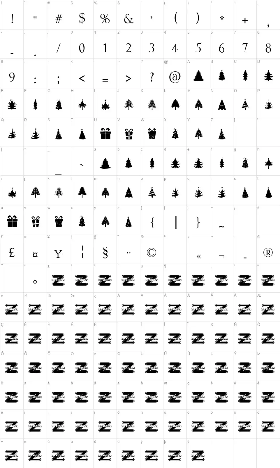 Christmas Treesfont character map