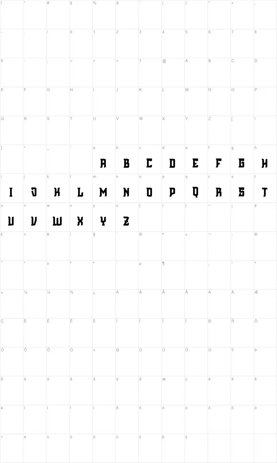Cinematic Englishfont character map