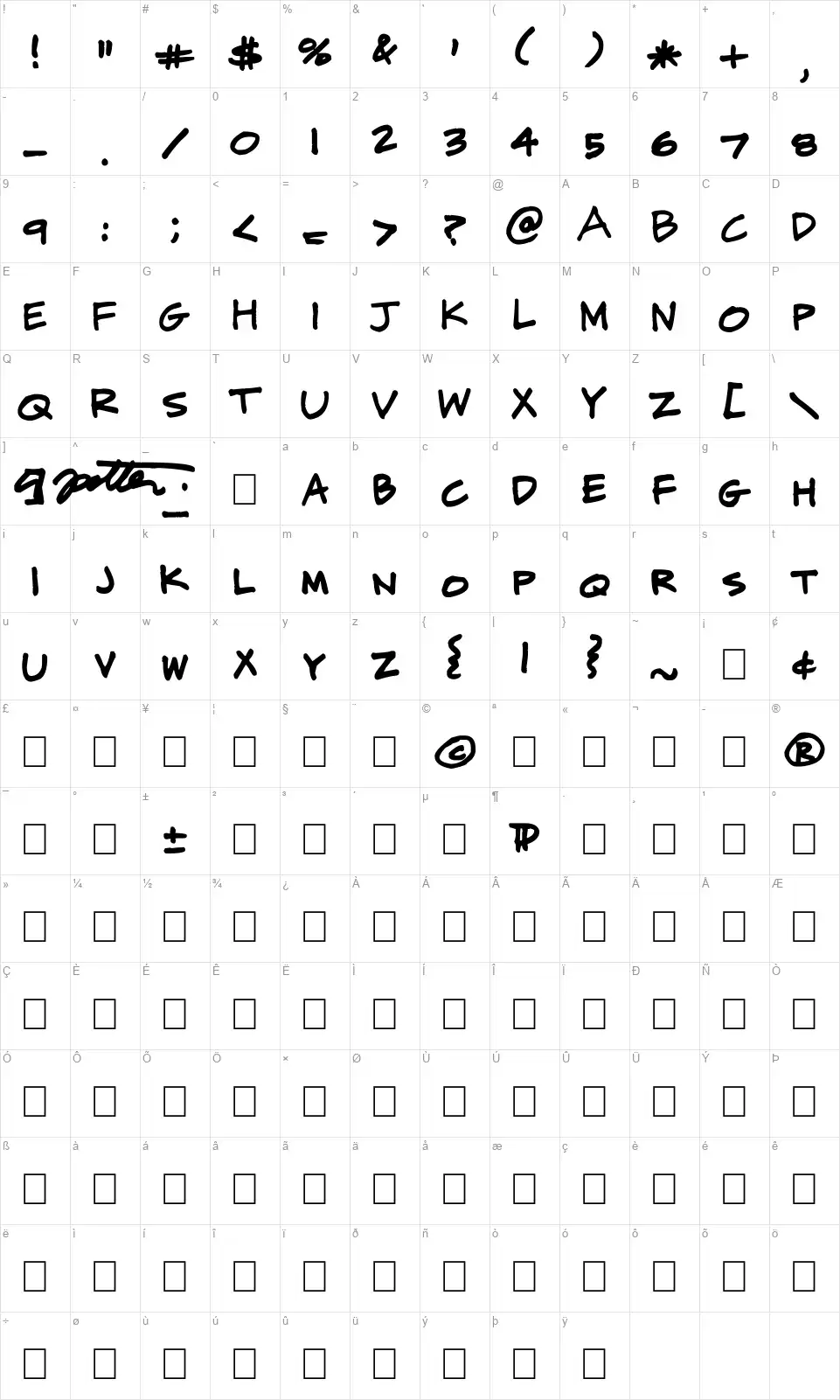 CJ Potter Handwritingfont character map