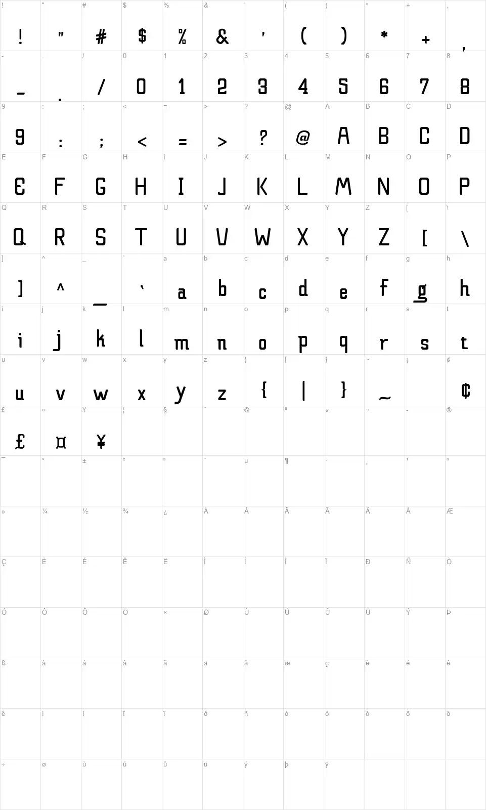 Clarettafont character map