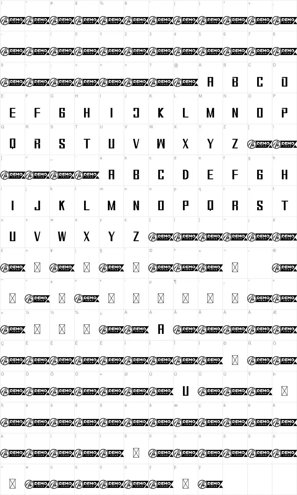 Clastrafont character map