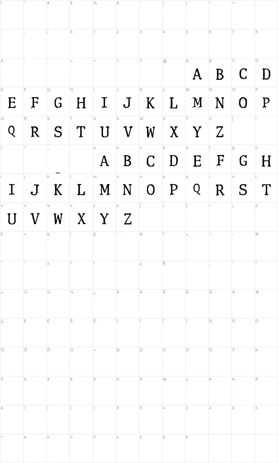 Clunkfont character map