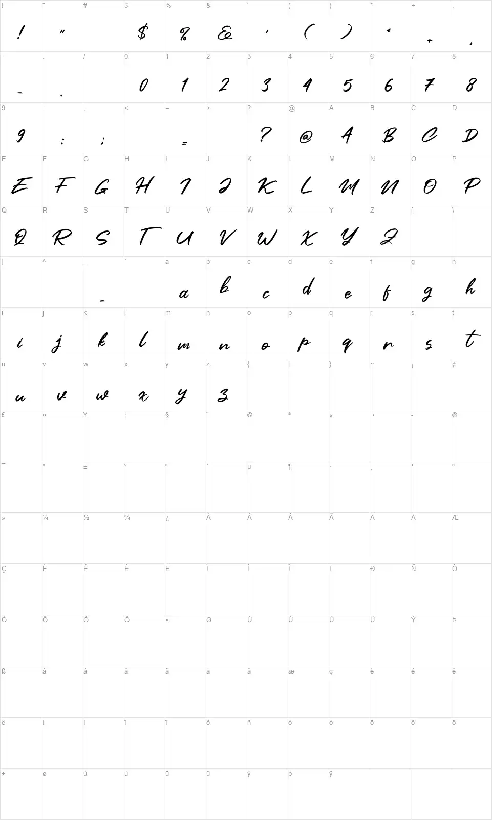 Clusivefont character map