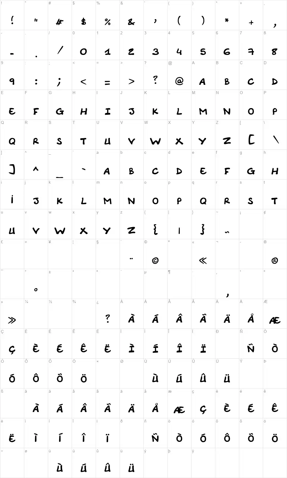 Comic Note Smoothfont character map