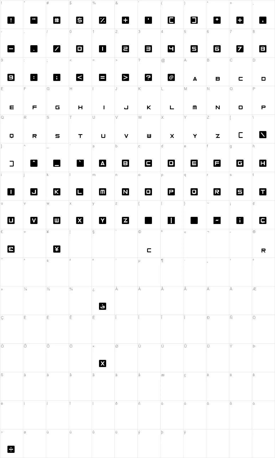 Curved Squarefont character map