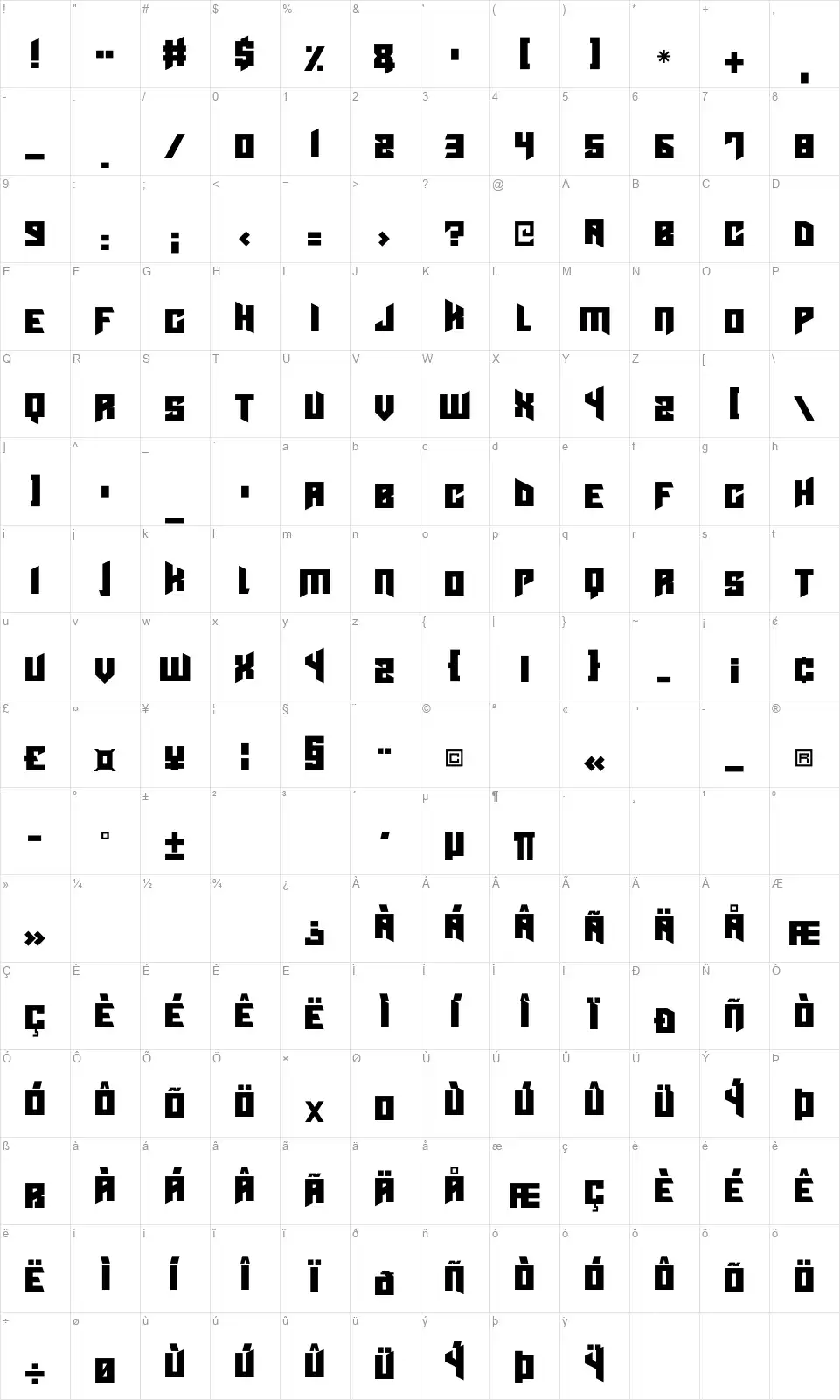 Cyberpunksfont character map