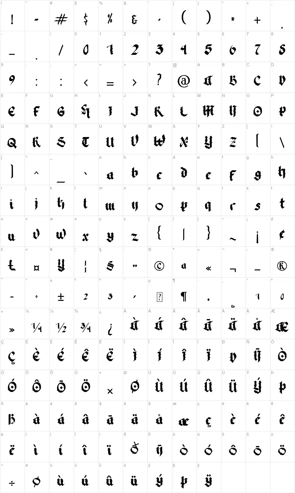 Dark Timefont character map