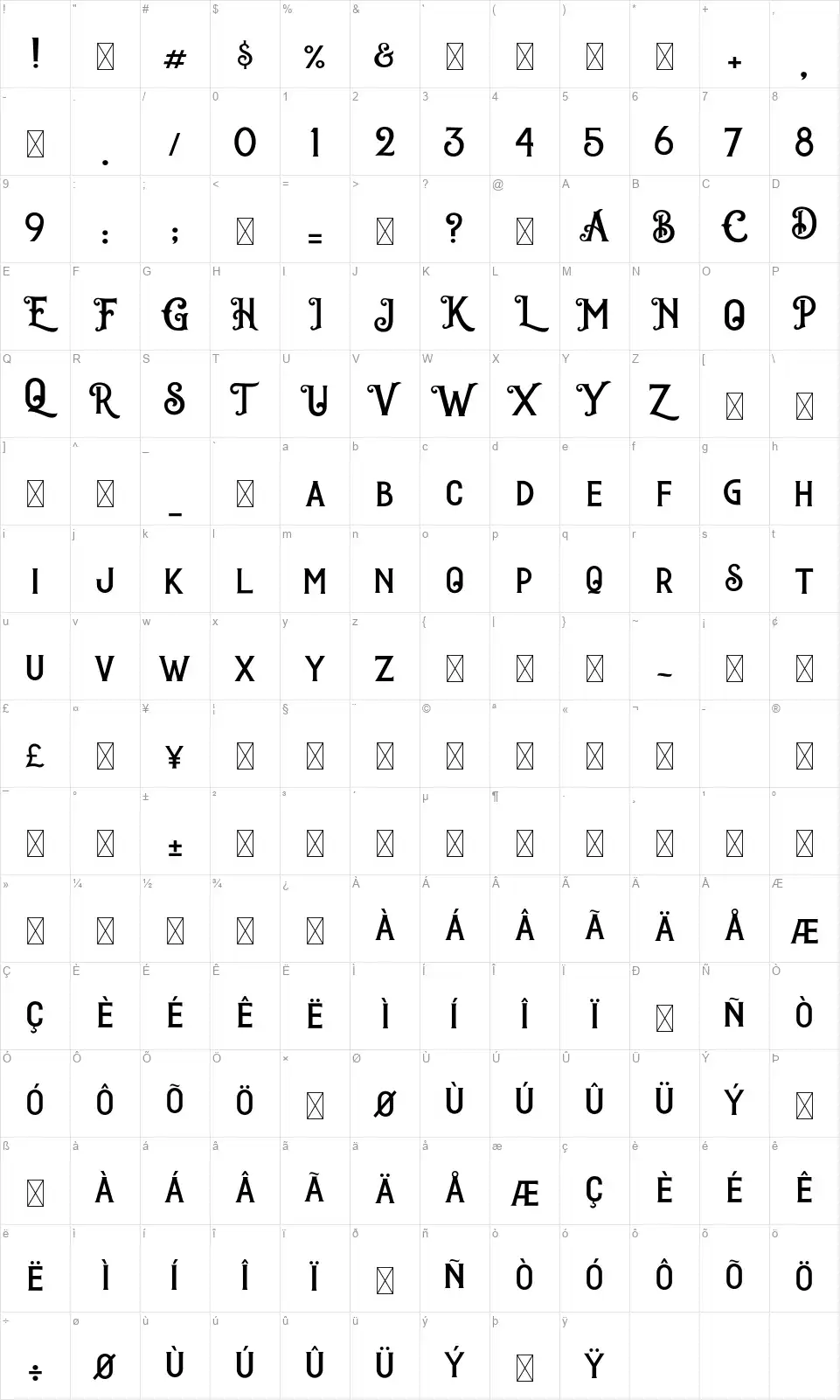 Darktownfont character map