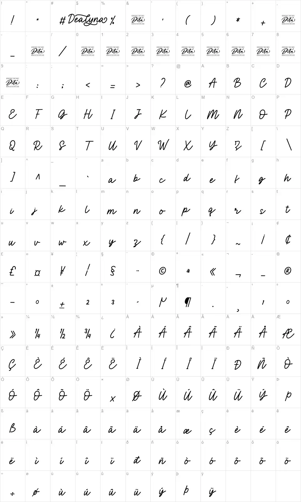 Dealynafont character map