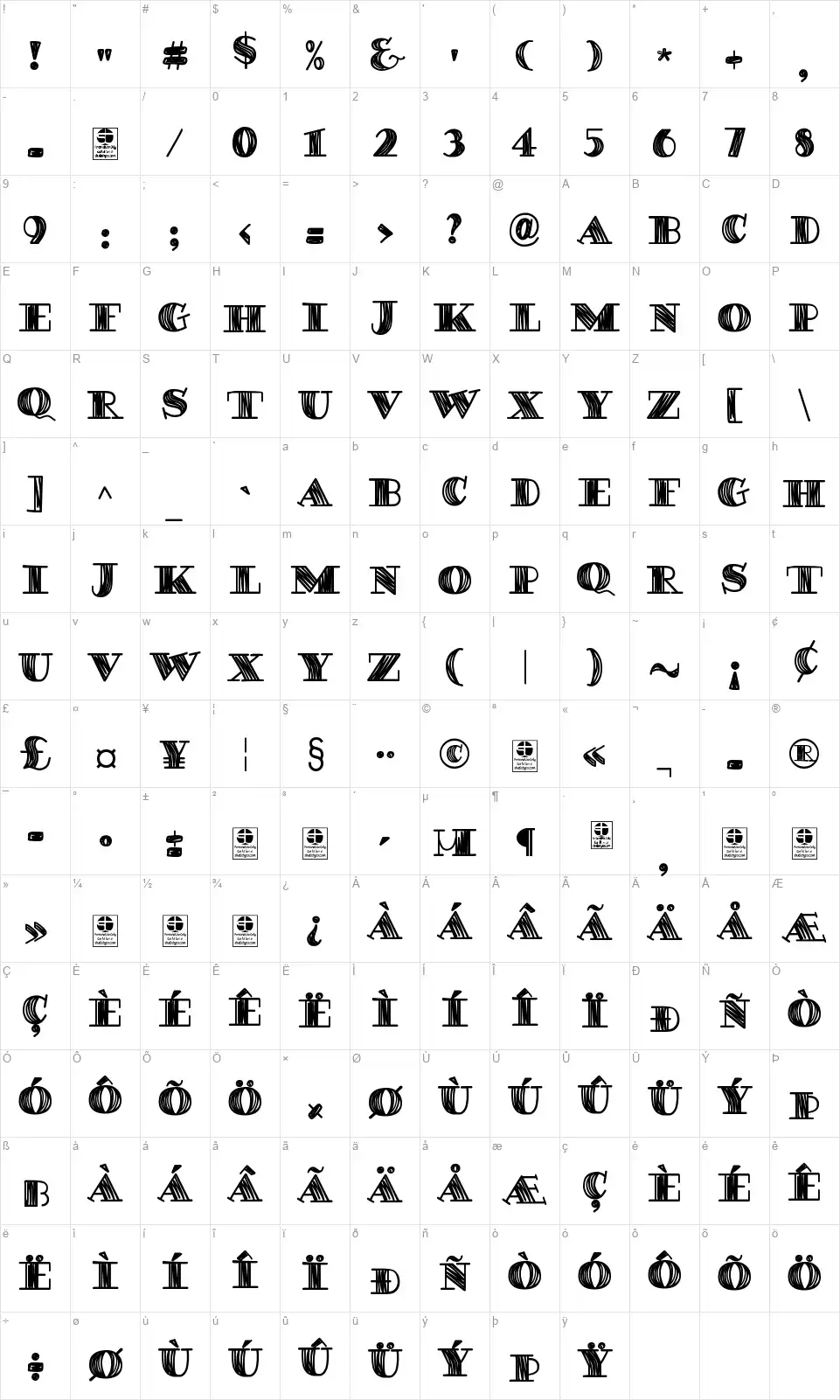Degawsfont character map