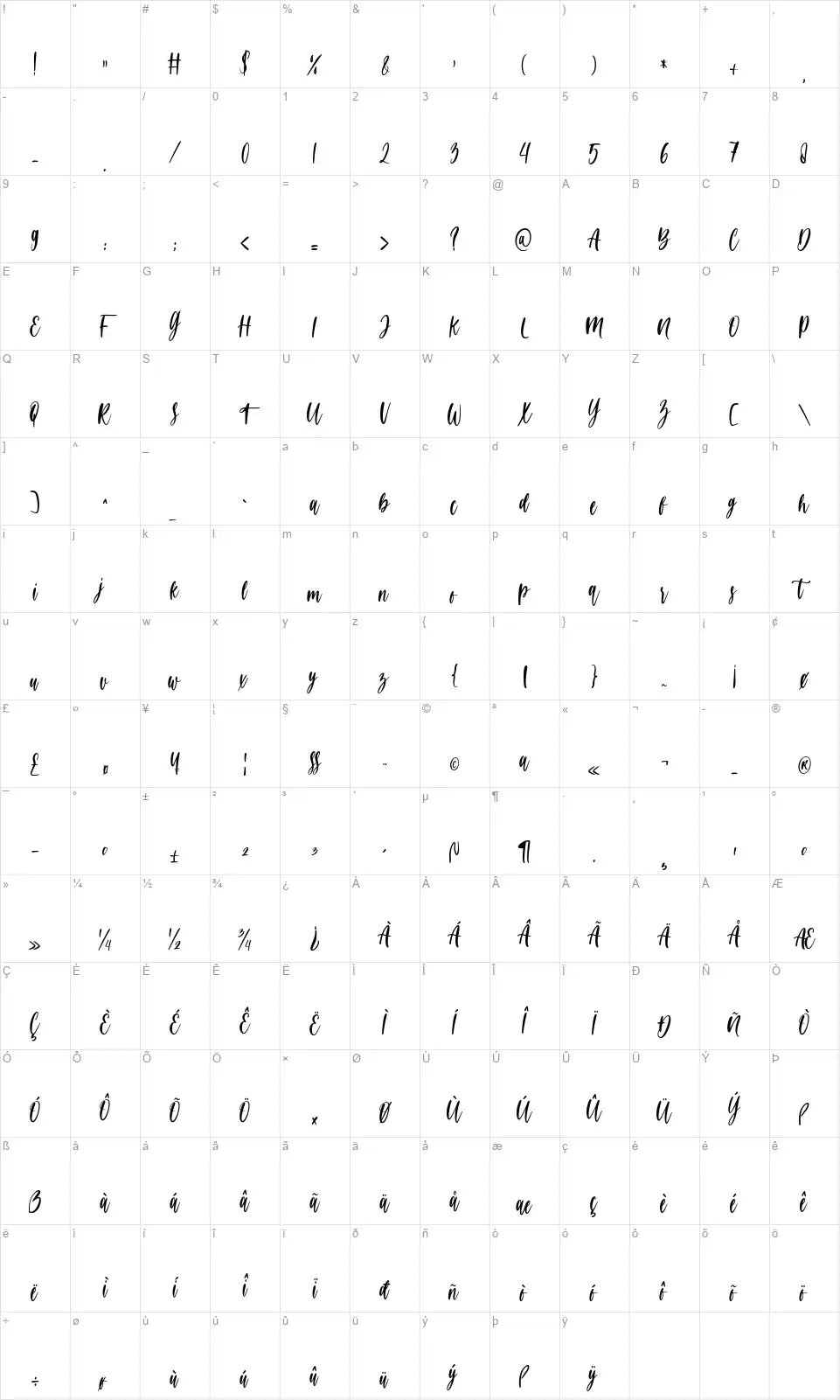 Delicatedfont character map