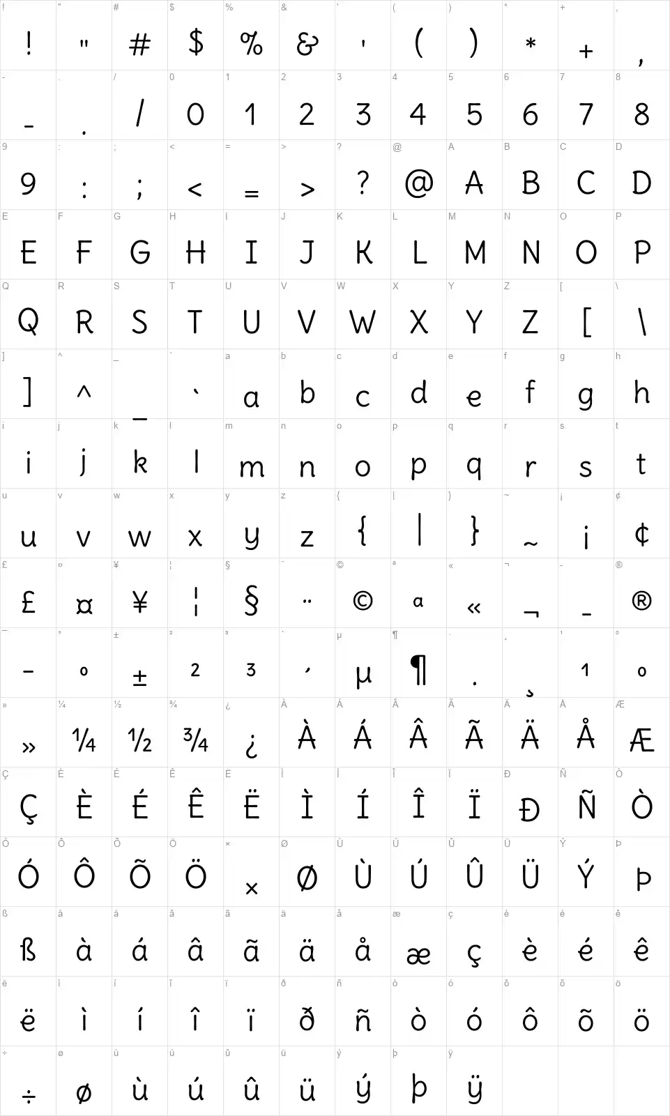 Deliusfont character map