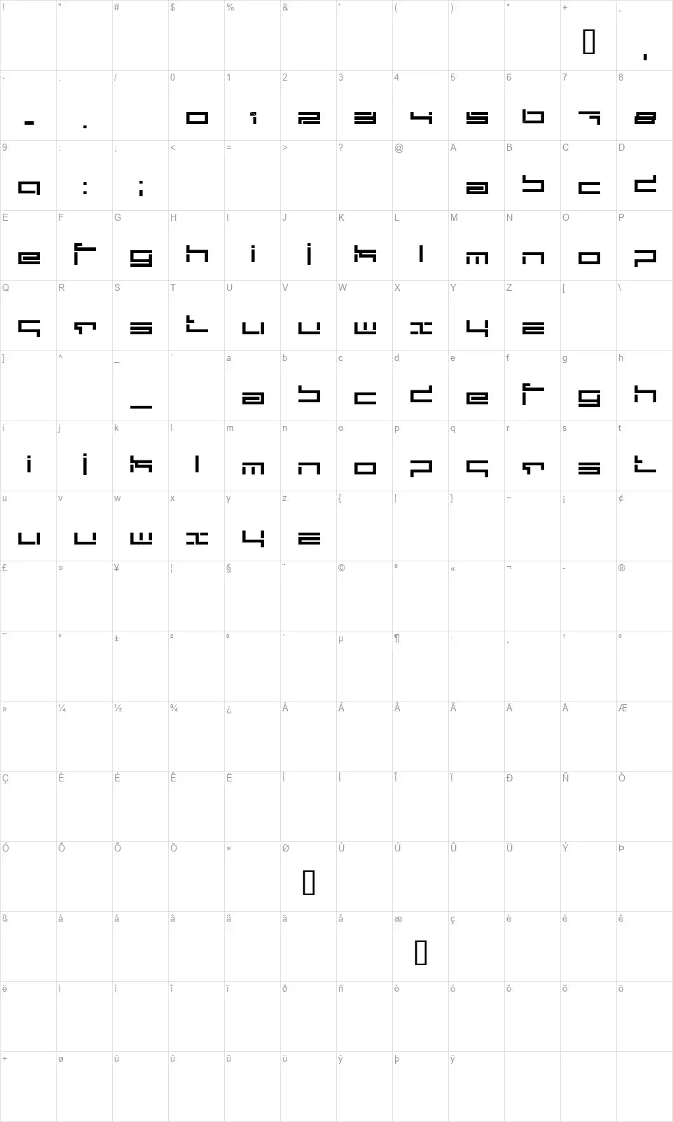 Depthcore Publicfont character map