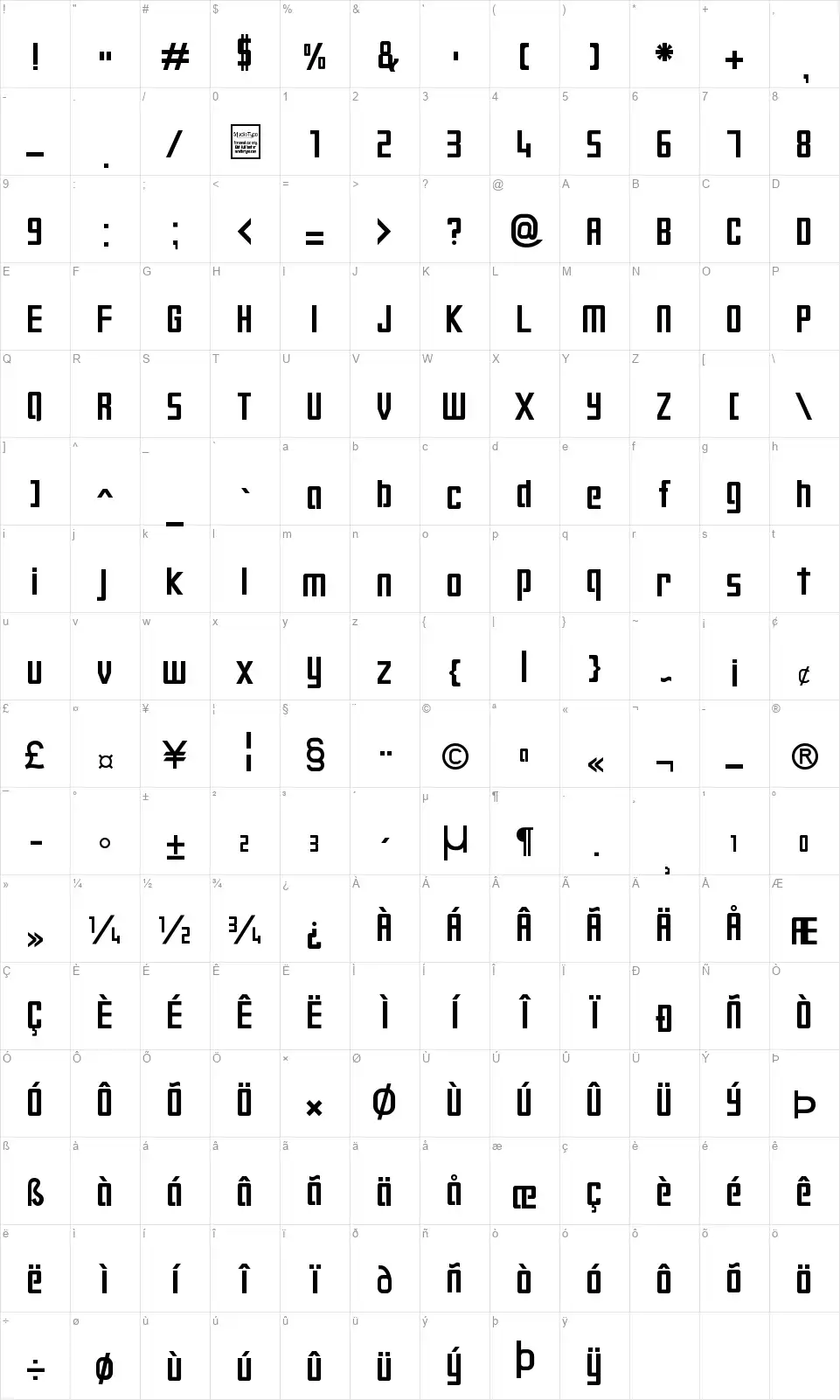 Digiformfont character map