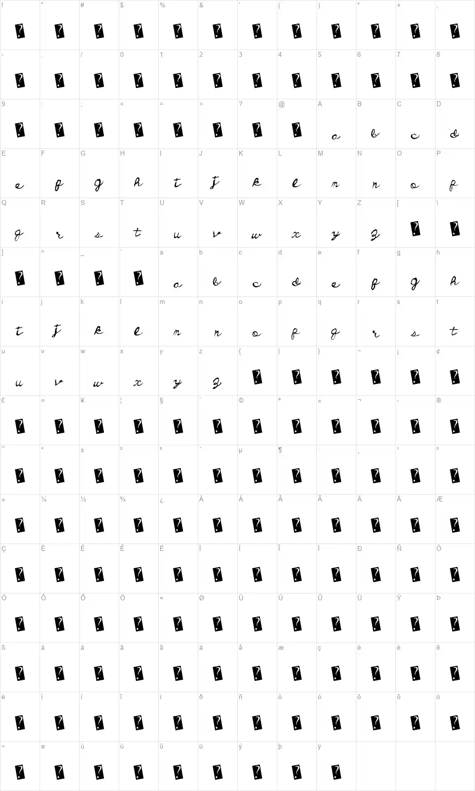 Dirty Cursivefont character map