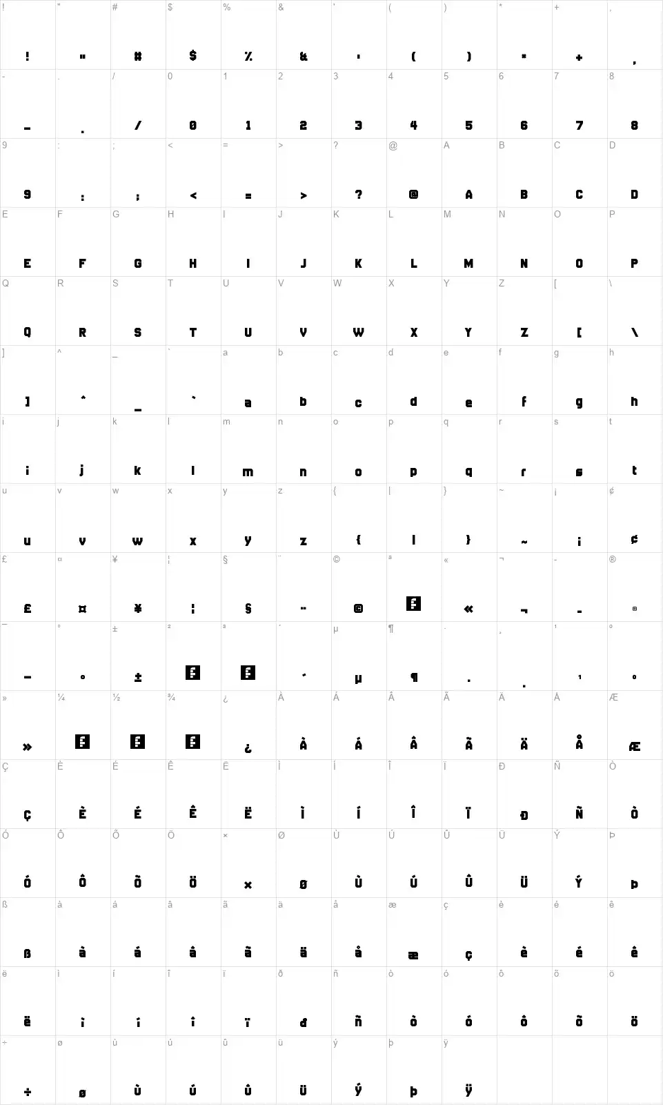 Disparadorfont character map